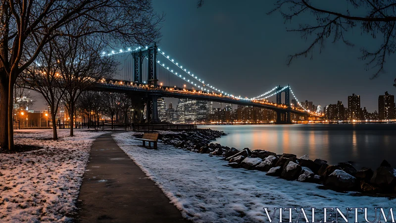 Snowy riverside park glows beneath a winter city bridge