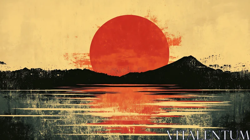 Red sun behind dark mountains reflects across calm water