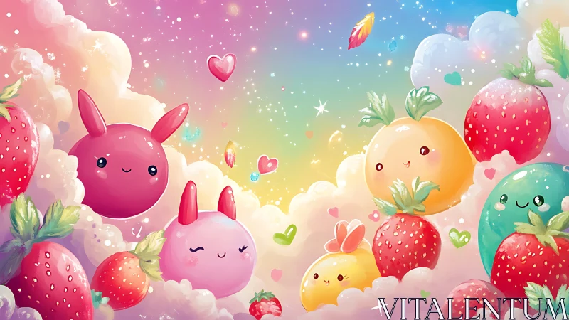 Kawaii fruit spirits float in dreamy rainbow clouds.