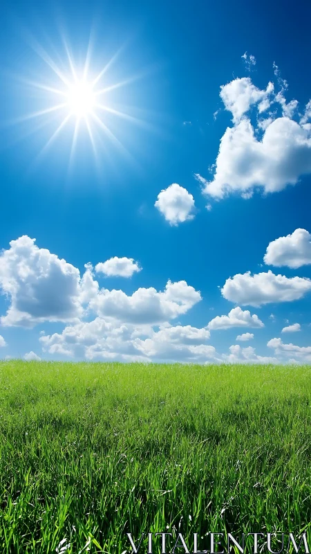 Photorealistic grassy plain under high summer sunlit sky.