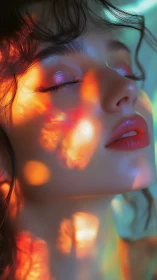 Iridescent bokeh reflections cascade across a serene female face