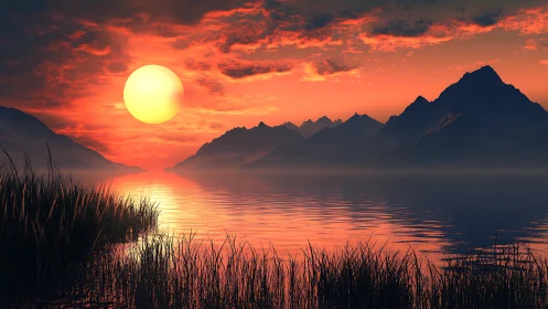 Digital lake sunset scene shows mountains, sun and reeds