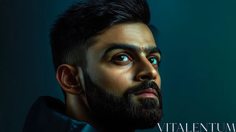 Storm-lit gaze of a bearded dreamer in deep teal glow.