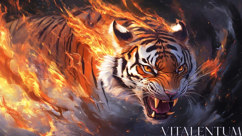 Digital painting of roaring fire tiger in dynamic swirl composition.