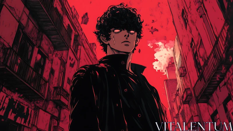 Crimson alleys crown a shadow eyed rebel in silent revolt