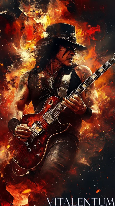 Flame-forged rock guitarist shredding through molten sparks.