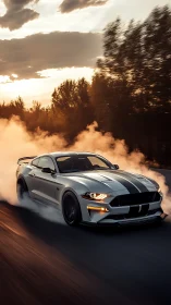 Photorealistic muscle car drift under cinematic sunset light.