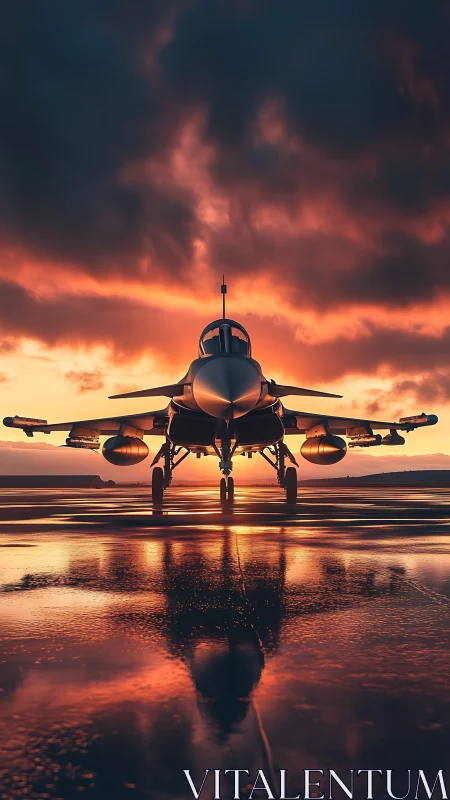 Fighter jet waits on wet runway under burning sunset sky