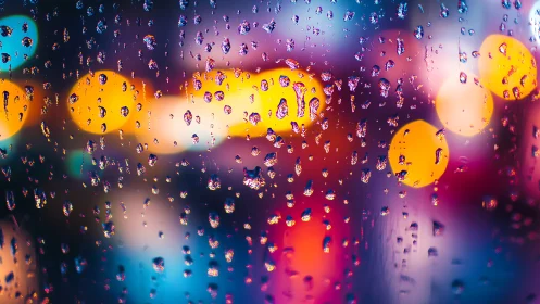 Raindrop jewels scatter across neon city bokeh nightfall.