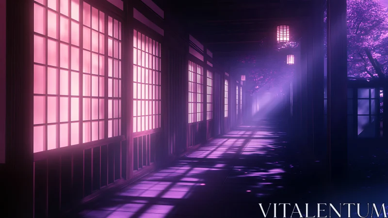 Neon lit shoji corridor with ethereal violet forest glow.