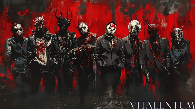 Masked figures in sharp suits stand against a violent red haze