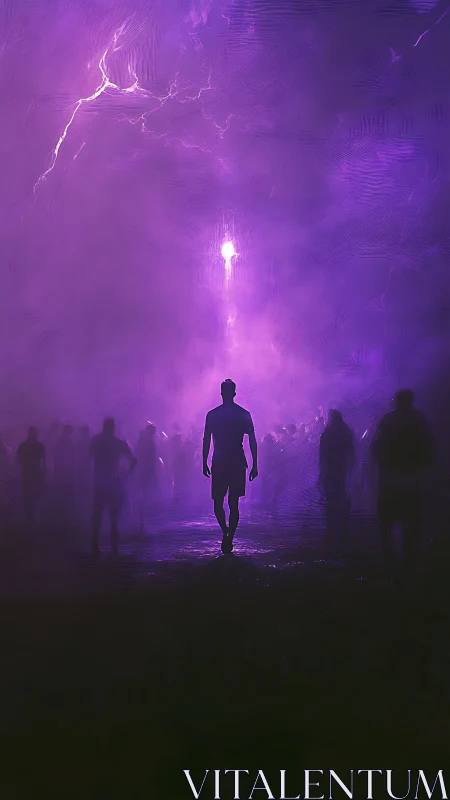Midnight wanderer strides through an electric violet storm