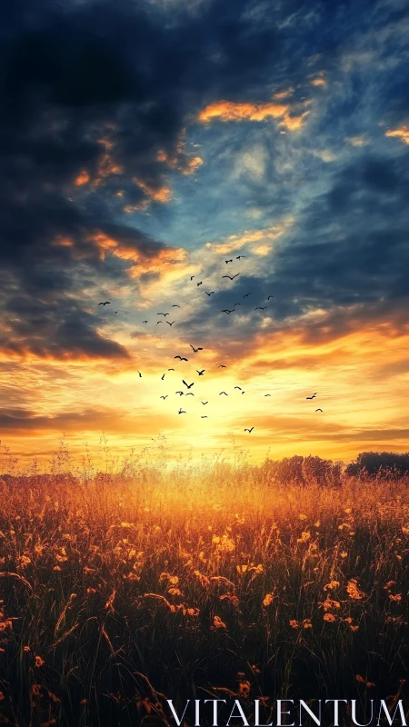Sunset meadow ignites beneath a sky of burning feathers.