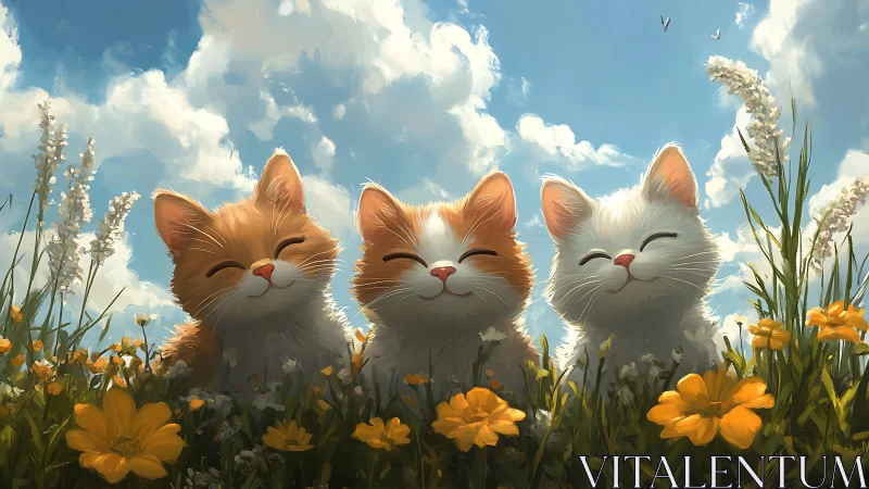 Three Contented Felines Amidst Golden Blossoms.