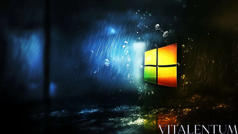 Glowing window logo in cinematic rain-soaked digital space.