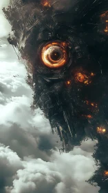 Colossal orbital mech-eye overlooking storm-swept clouds.