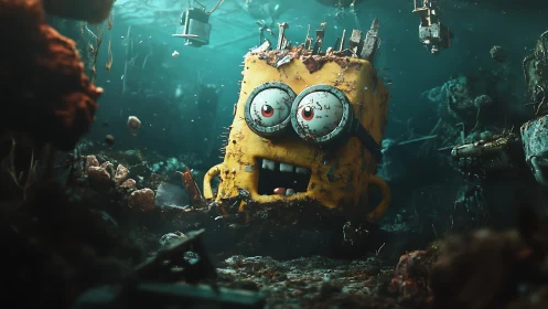 Submerged mechanical cartoon head in corroded seafloor ruin.