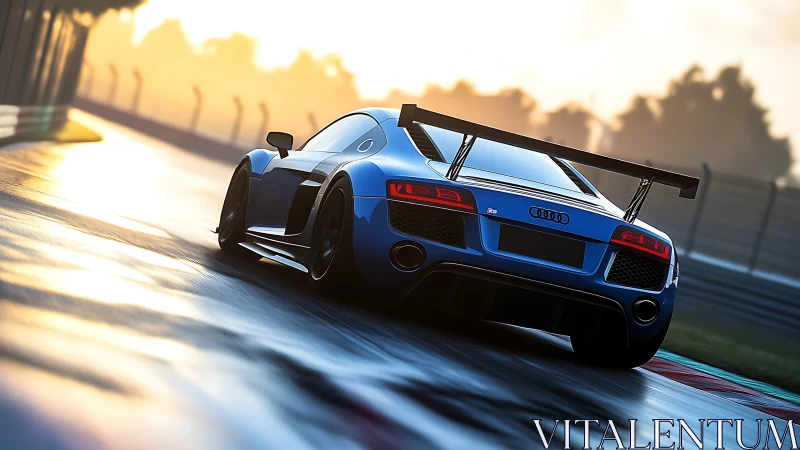 Rear-quarter racing study of blue Audi R8 on wet circuit.