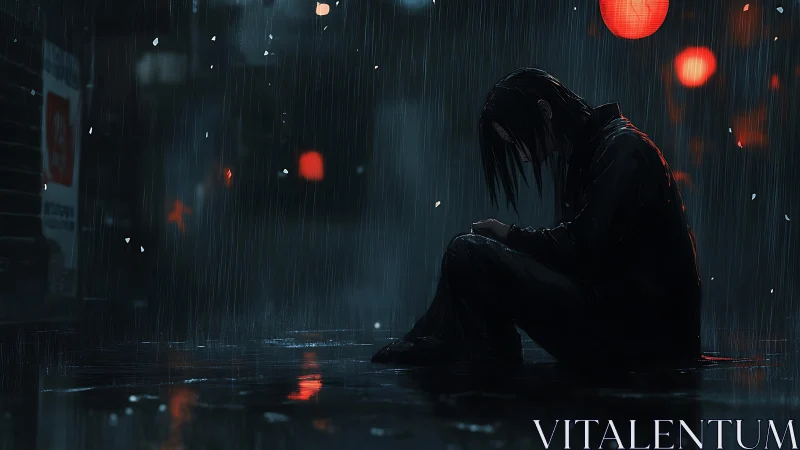 Seated figure in heavy rain under red lanterns at night