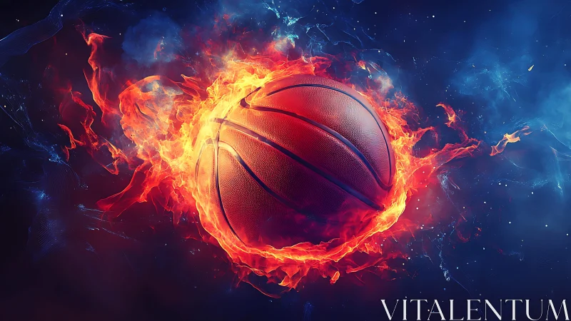 Fiery basketball ignites against deep cosmic blue background.