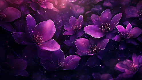 Glowing Purple Flowers Bloom in Ethereal Digital Darkness