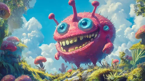 Bright pink monster strolls joyfully through a dreamy valley
