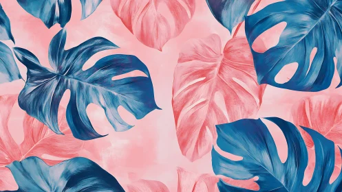 Tropical monstera foliage in coral and teal digital pattern.