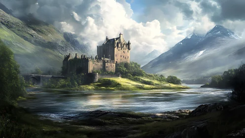 Mountain castle dominates misty valley river landscape.