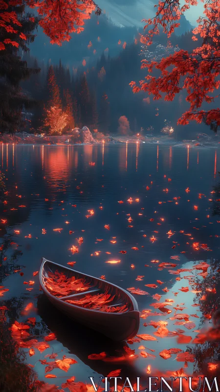 Autumn-lit lake with a quiet leaf-drifted boat at dusk.