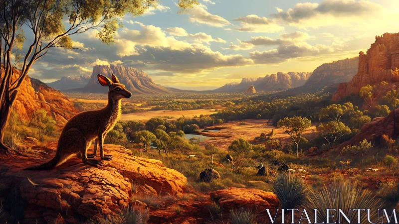 Sunlit kangaroo overlooking vast Australian canyonlands.
