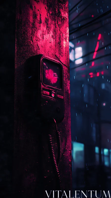Public intercom unit on weathered pillar under neon light.