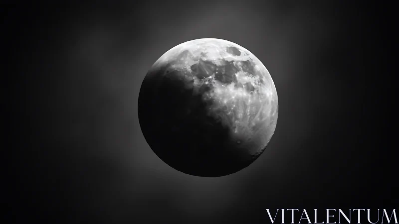 Half-lit moon against deep black night sky glow.