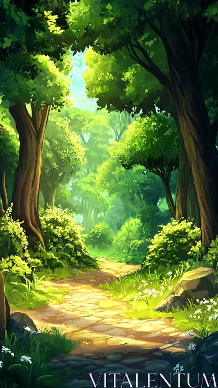 Sunlit Forest Path Through Dense Canopy.