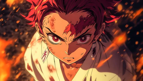 Anime fighter with red hair stares forward amid swirling flames