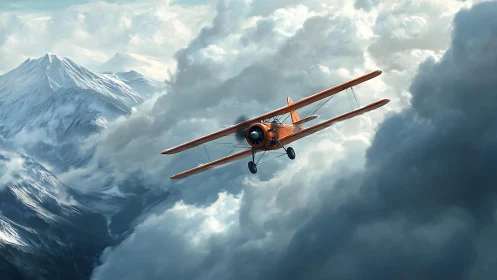 Photorealistic orange biplane cutting through alpine storm clouds.