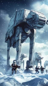 Colossal snow walkers stride through a frozen battlefront