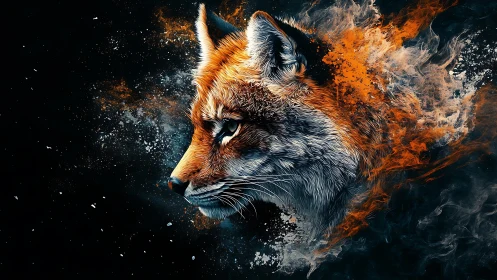 Vulpine portrait dissolves into dynamic flame and smoke textures