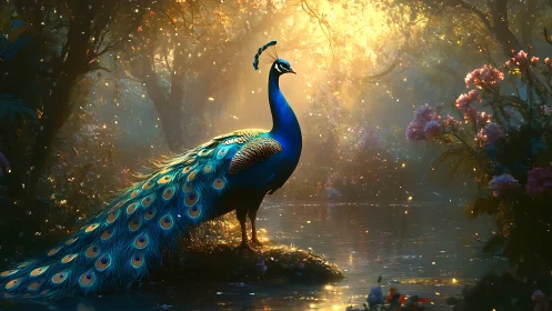 Iridescent peacock beside reflective forest pond at sunrise