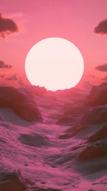 Stark neon sun over pink-illuminated eroded canyon terrain.