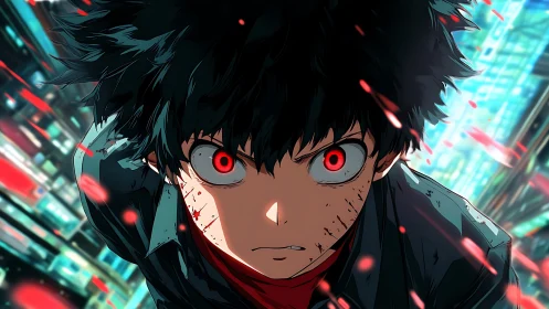 Intense red eyed anime hero rushing through neon cityscape.