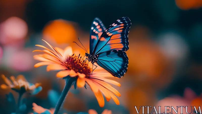 Macro study of teal-orange butterfly on daisy bloom