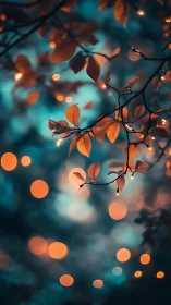 Warm bokeh lights entwine autumn leaves in teal twilight.