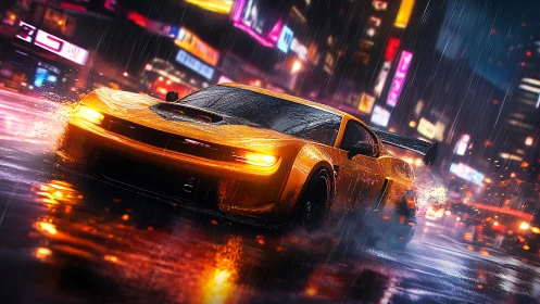 Neon-lit muscle car drifting through rainy cyberpunk city street