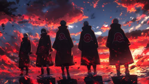 Rogue cloaked figures dominate burning crimson horizon.