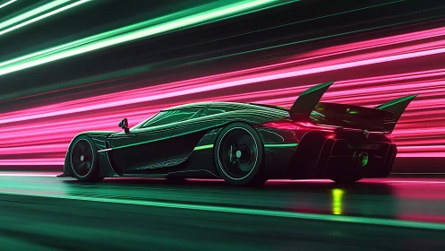 Neon tempest hypercar slicing through electric midnight lanes.