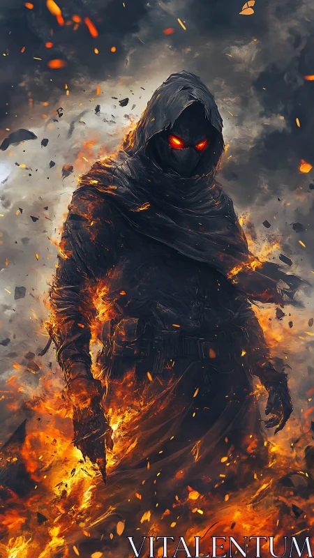 Infernal hooded wraith emerging through swirling firestorm.