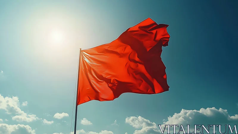Red flag in strong backlight against deep cyan sky.