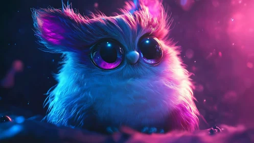 Neon-illuminated fluffy creature with oversized reflective eyes.