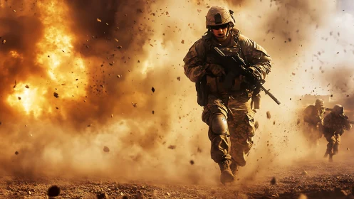 Photorealistic combat charge amid explosive desert firestorm.