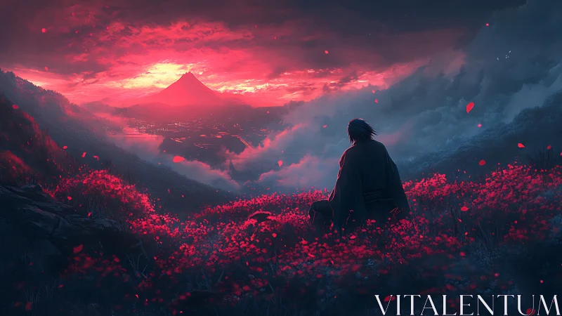 Samurai silhouette in chromatic red valley at volcanic dawn.